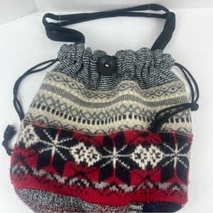 Susan Todd “The Recycled Collection” patchwork sweater-bucket drawstring bag